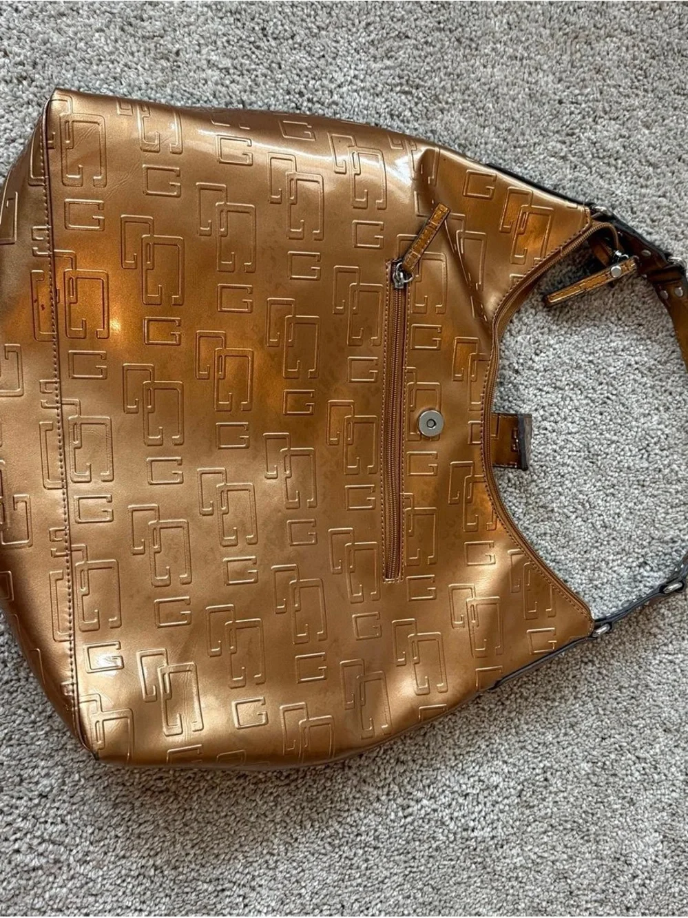 Metallic Copper Shoulder Bag with Buckle Accents